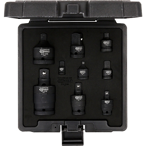 Schwarzer Werkzeugkasten mit verschiedenen Aufsätzen. Das Set enthält mehrere Adapter, die in einer Schaumstoffeinlage angeordnet sind.